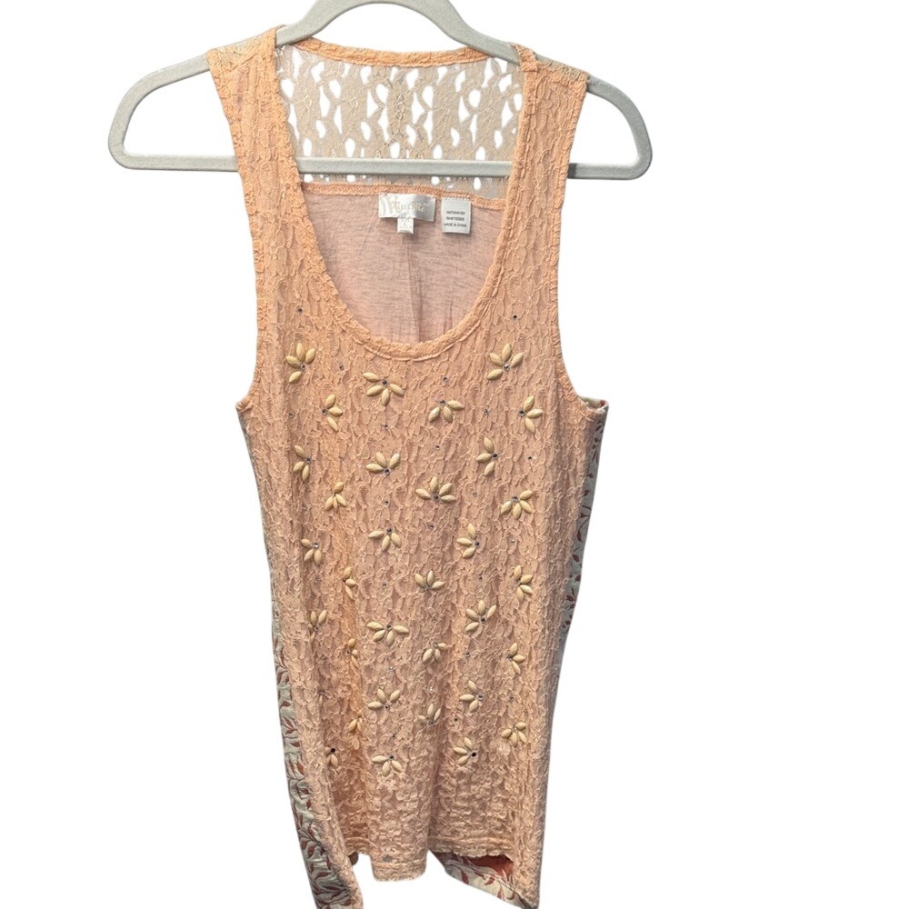 Miss Me Lace Floral Embellished Tank‎ Top Peach Sleeveless Women's L